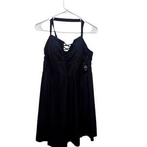 NWT Torrid Crisscross Lattice Peplum Long Swim Dress Black Size 1X Lace-up Bust